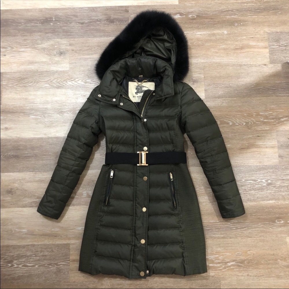 Burberry Olive Green Long Down Winter Jacket Size 2
